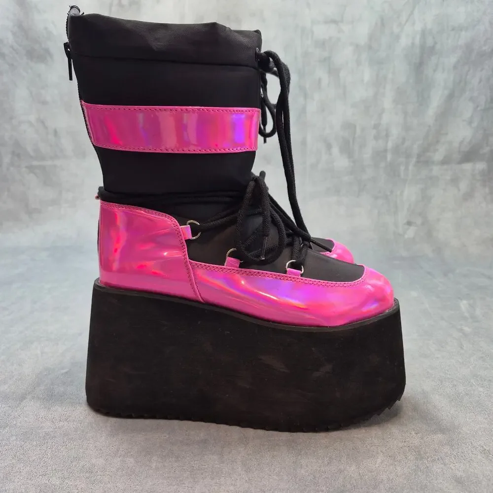 YRU Qronic Holographic Goth Punk Festival Rave Pink Platform Winter Boot Size 7
